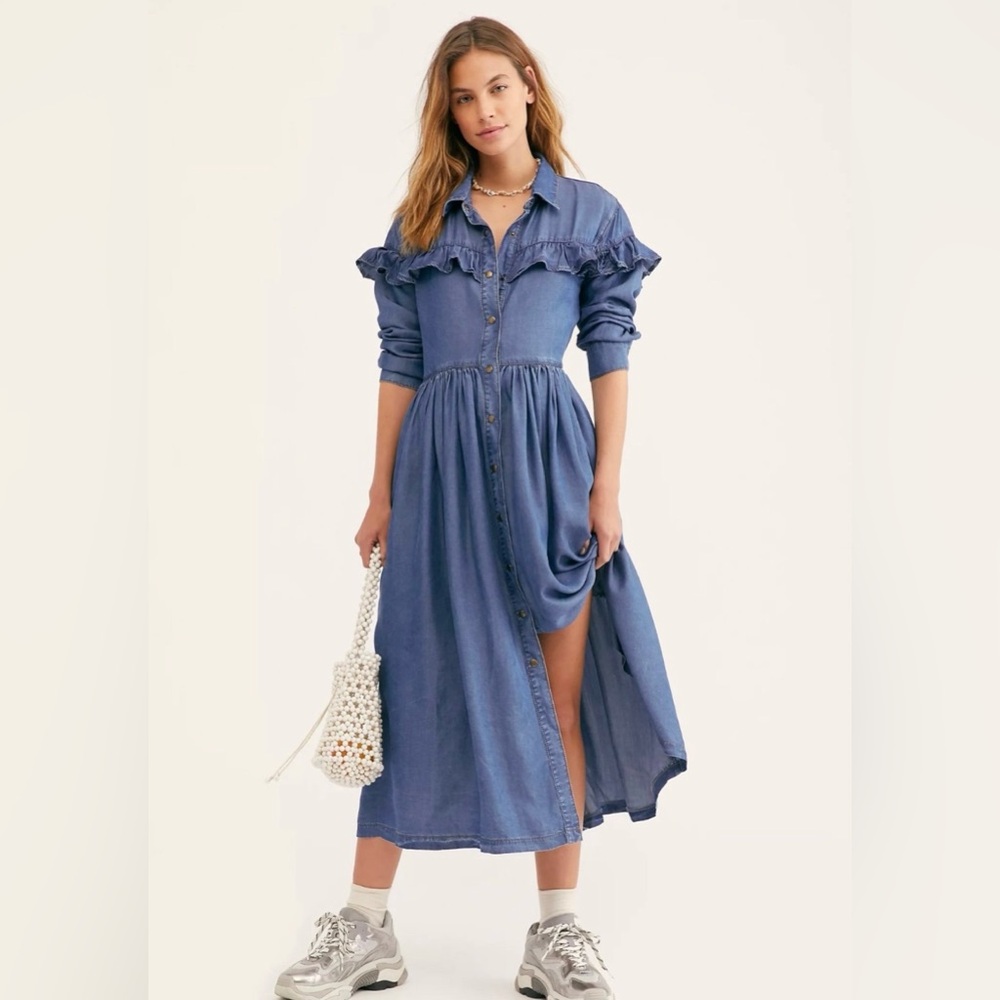 Free People Chambray Midi Montana Sunset Ruffle Dress size M (NWT)
